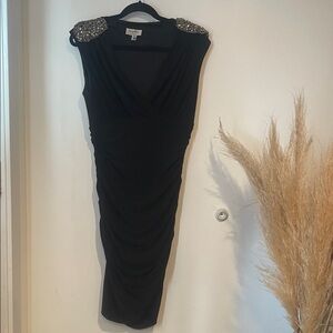 Sophia Christina Black Midi Dress with Silver Rhinestone Accents Sz 14 B121